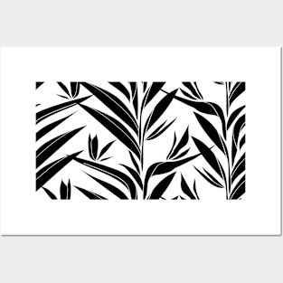 Tropical leaves silhouette black and white pattern Posters and Art